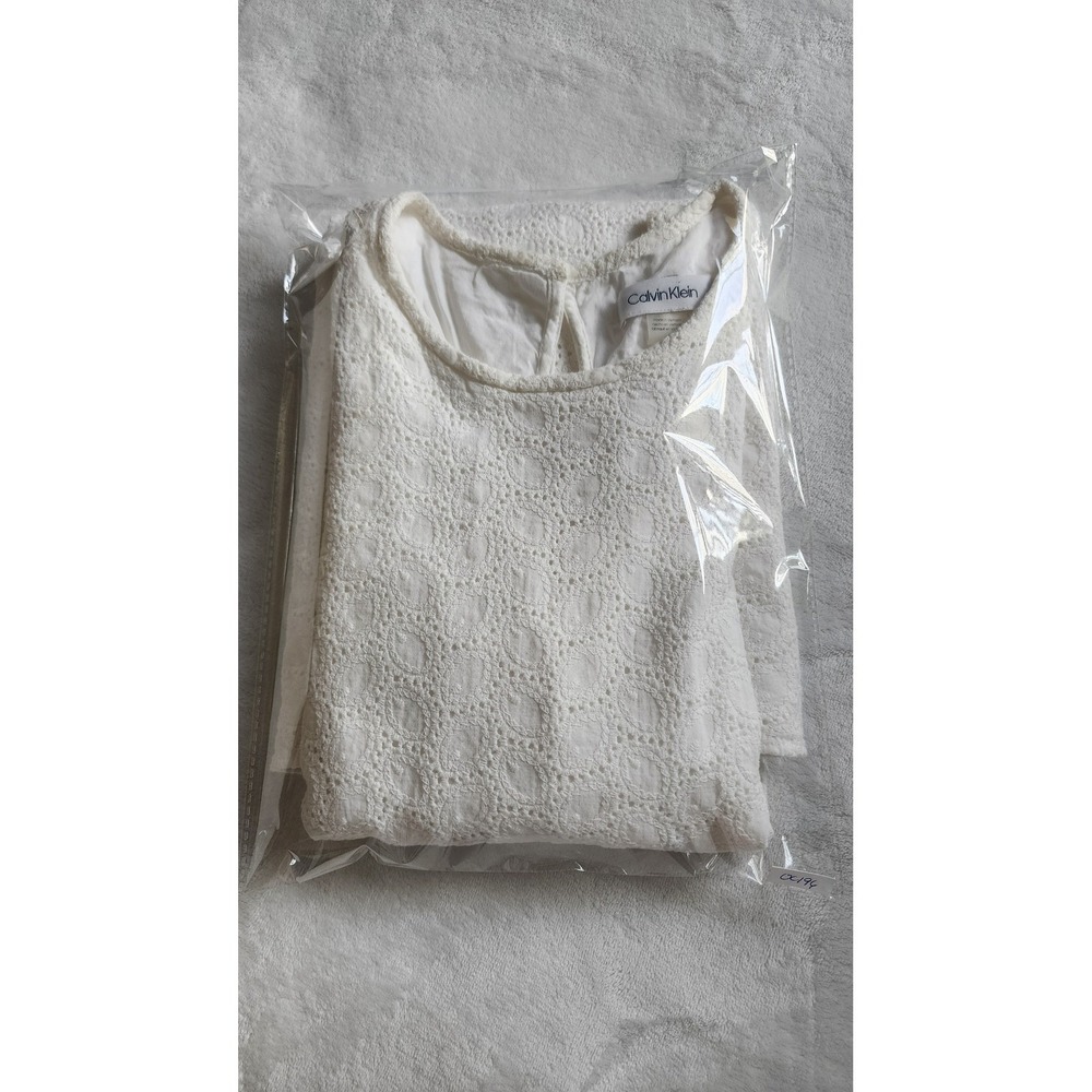 Calvin Klein White Cotton Eyelet Sleeveless Shift Dress A cut Midi Bridal Chic 6 - Picture 7 of 7